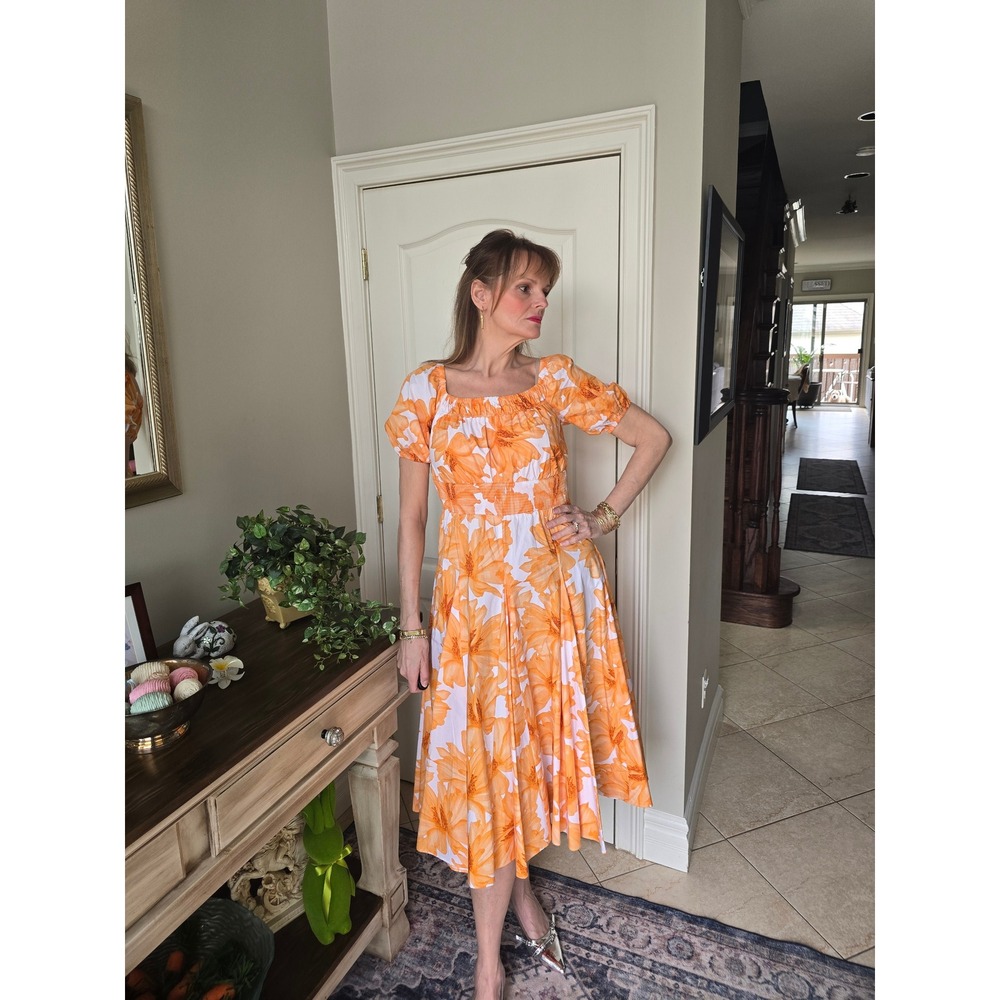INC International Concepts Orange Floral Smocked Waist Midi‎